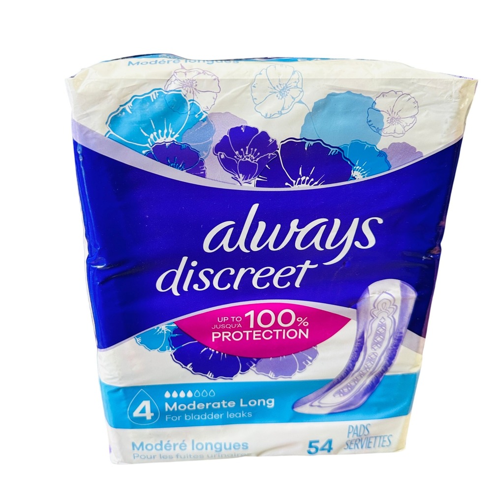 Always Discreet Moderate Long Bladder Leak Pads Size 4 - 54 Count Sealed NEW NOS